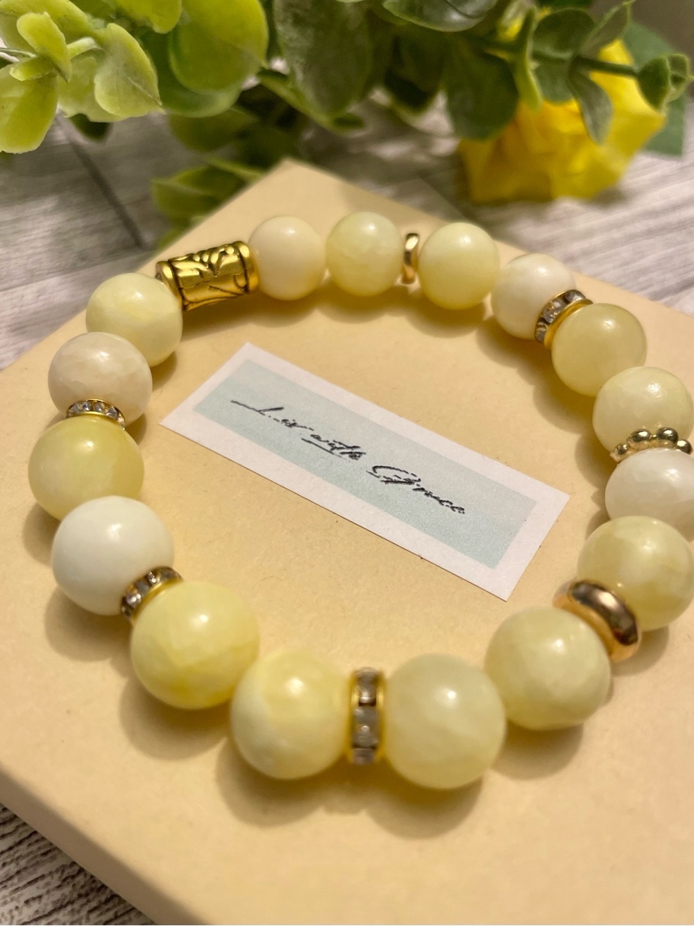 Yellow Quartz with Gold and CZ Accents 10mm stretch handmade butter yellow